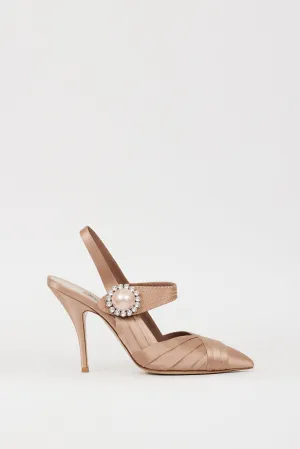 Pink Satin Pleated Brooch Slingback Heel