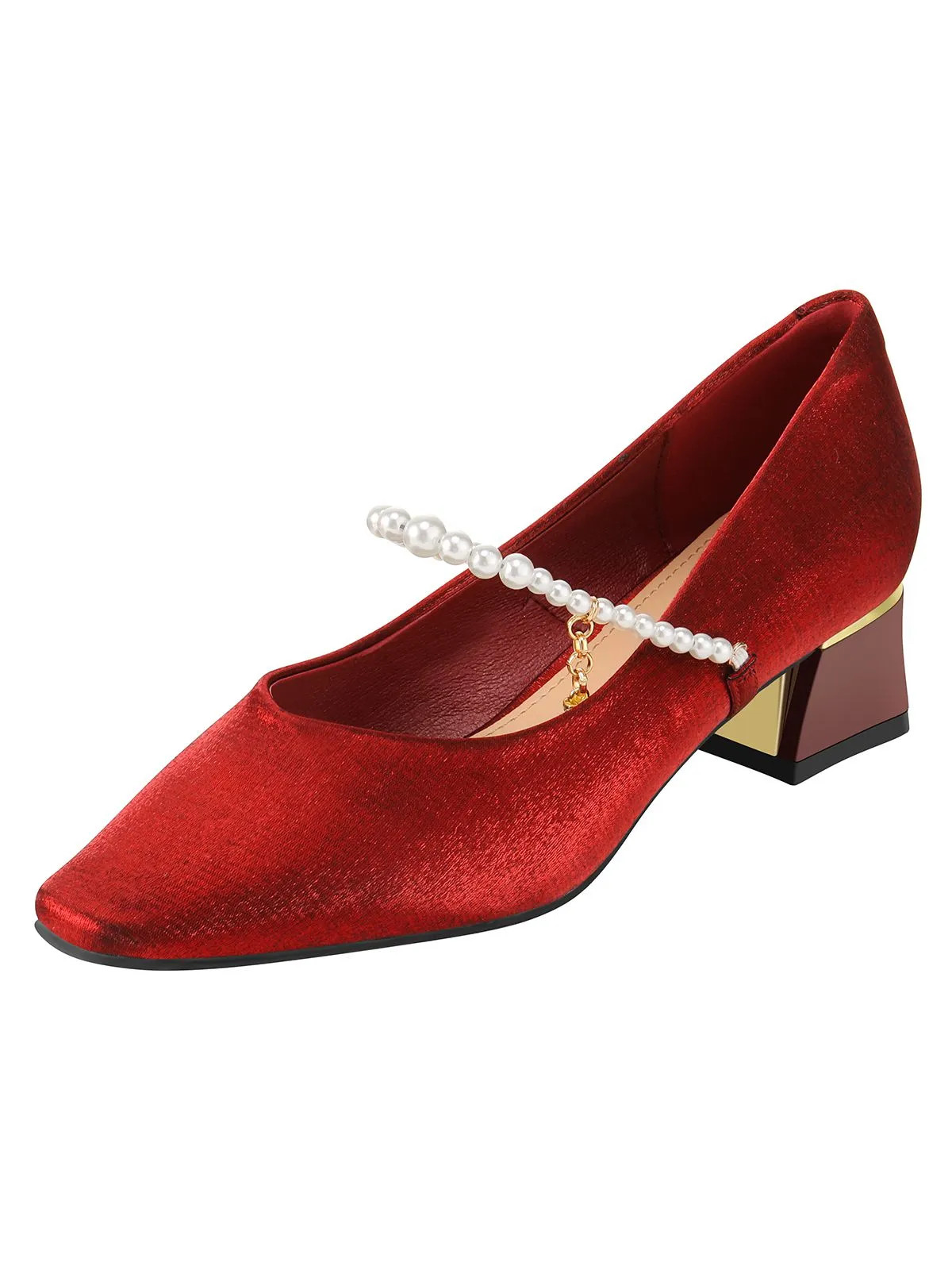 Red Velvet Satin Pearl Chunky Heel Shoes