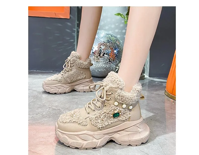 Rhinestone Lamb Wool Casual Chunky Sneakers
