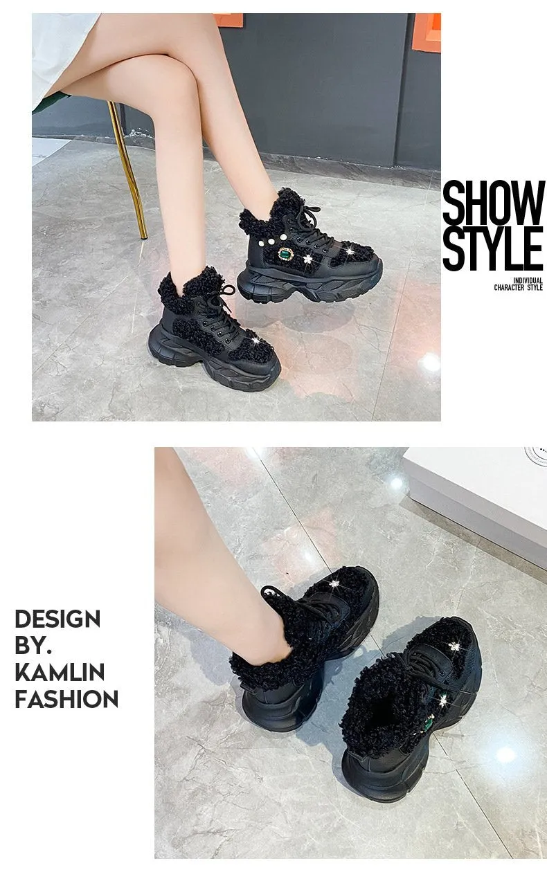 Rhinestone Lamb Wool Casual Chunky Sneakers