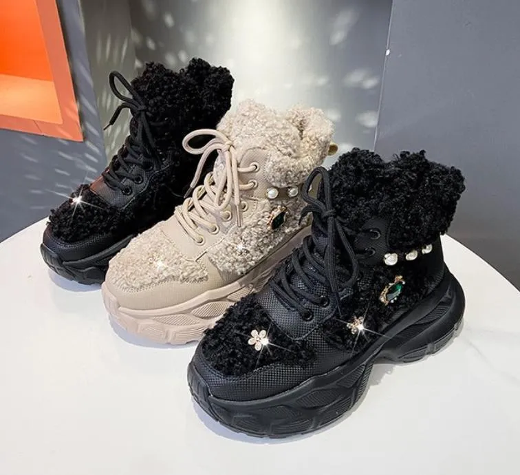 Rhinestone Lamb Wool Casual Chunky Sneakers