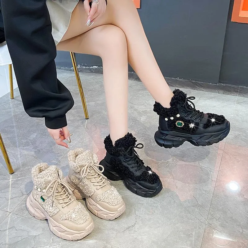 Rhinestone Lamb Wool Casual Chunky Sneakers