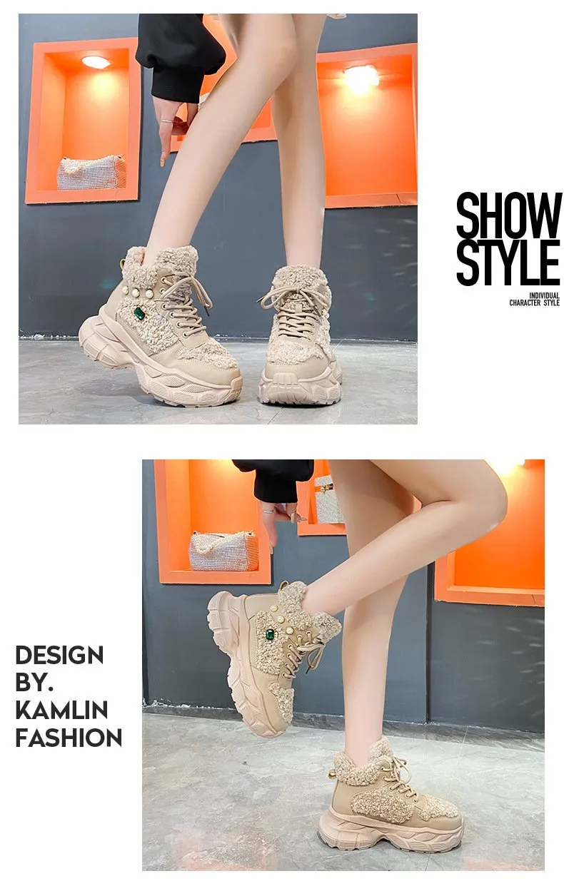 Rhinestone Lamb Wool Casual Chunky Sneakers
