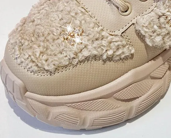 Rhinestone Lamb Wool Casual Chunky Sneakers