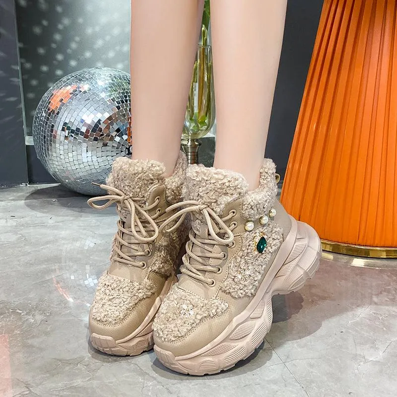 Rhinestone Lamb Wool Casual Chunky Sneakers