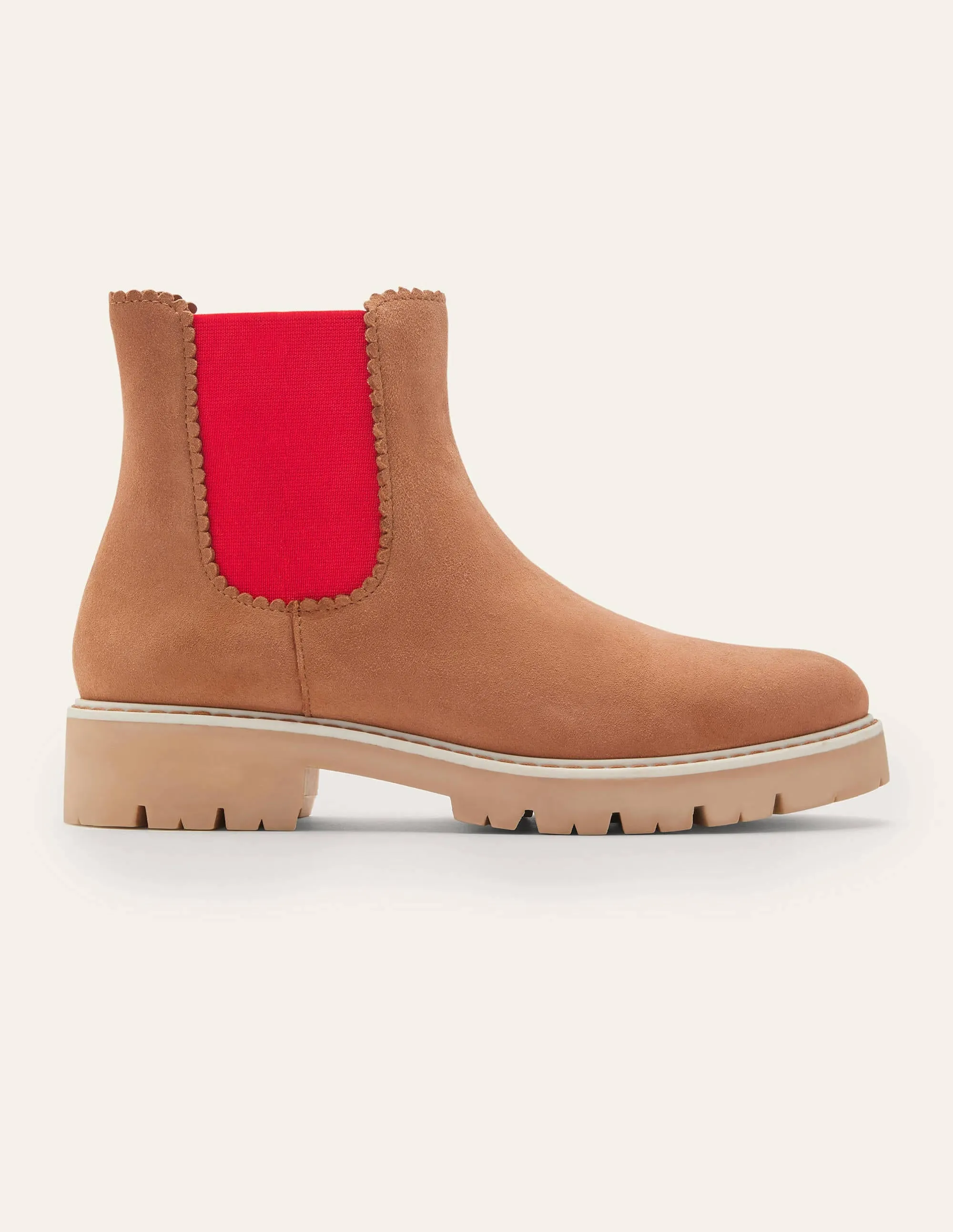 Scallop Detail Chelsea Boots-Tan/Cherry Red