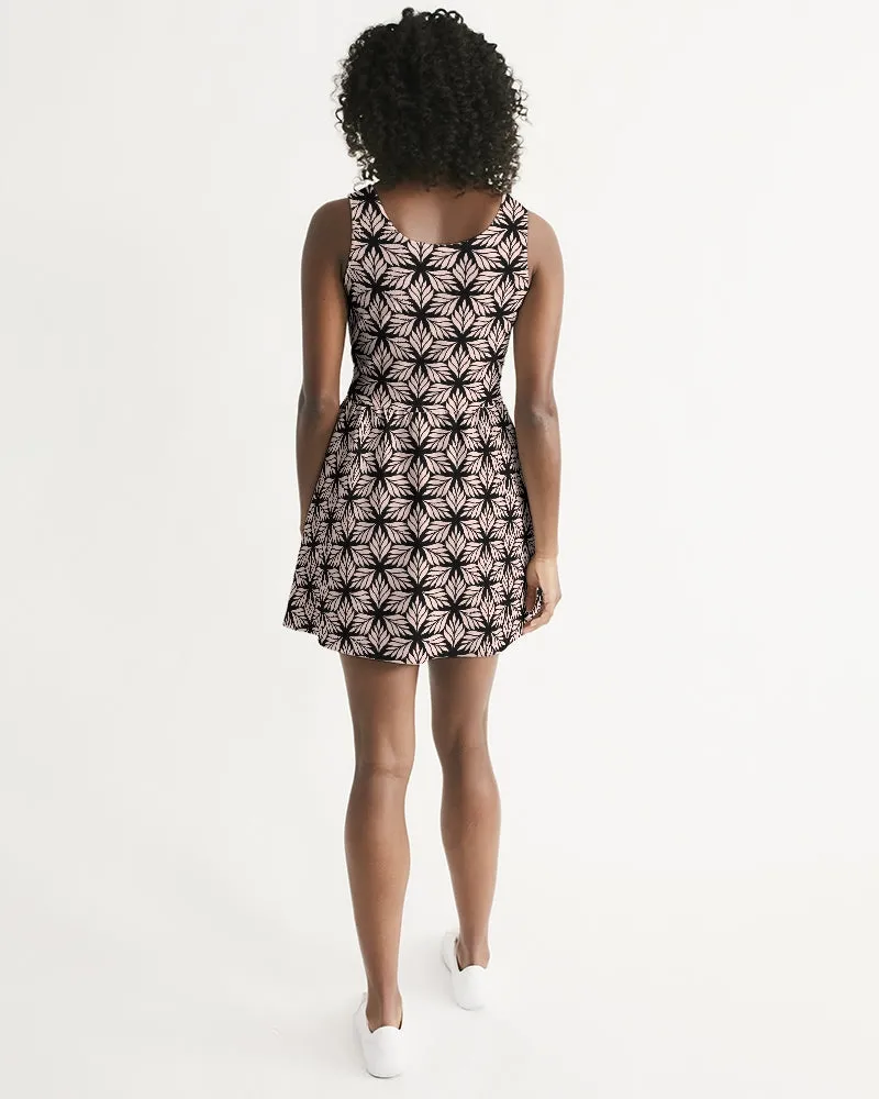 SMF Pink Leaf Geo Feminine Scoop Neck Skater Dress