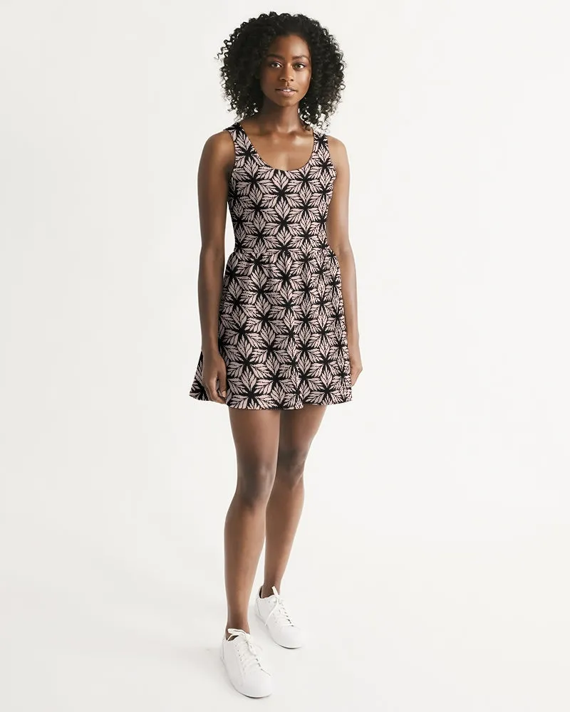 SMF Pink Leaf Geo Feminine Scoop Neck Skater Dress