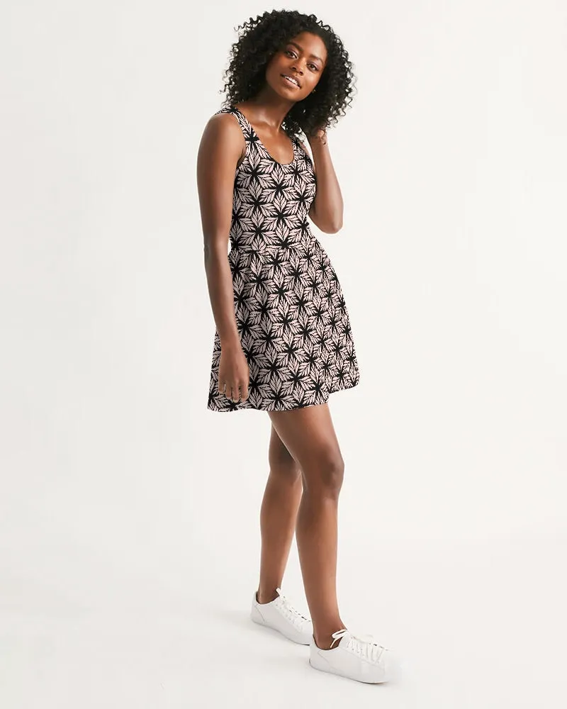 SMF Pink Leaf Geo Feminine Scoop Neck Skater Dress