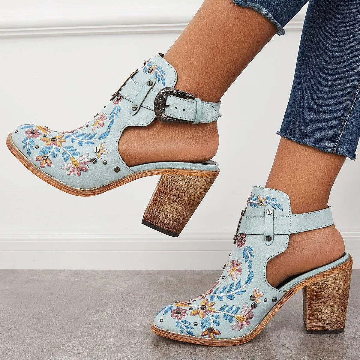 Sohiwoo  Women's Blue Cutout Sandals Embroidered Chunky Heels Sandals Stacked Ankle Slingback Sandals