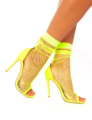 Sunrise Neon Yellow Fishnet Peeptoe Stiletto Heels