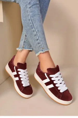 WINE RED LACE UP SIDE DETAIL DESIGNER TRAINERS