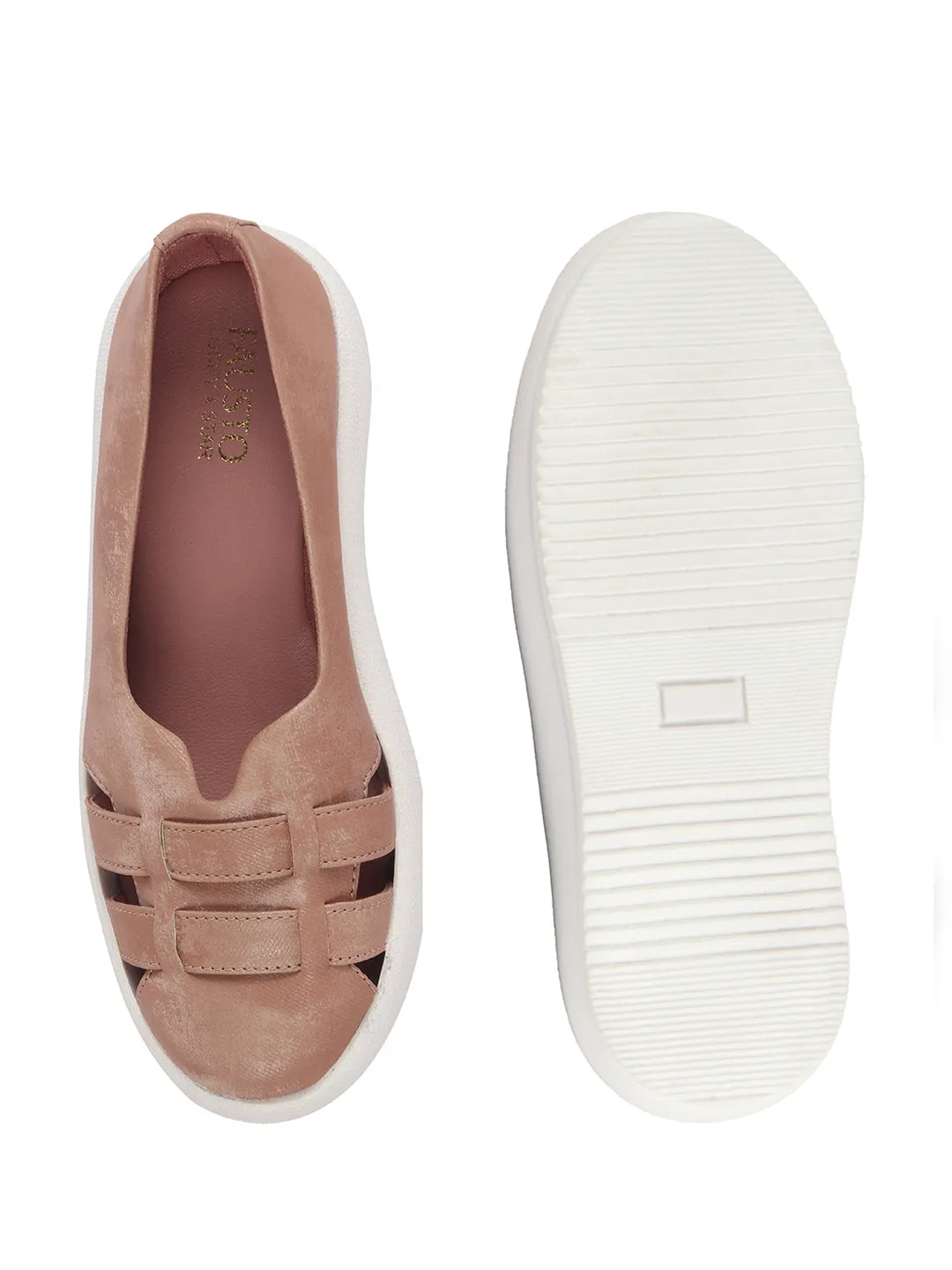 Women Peach Double Strap Velvet Height Enhancer Slip On Sneakers|Anti Skid Sole|Slip On Shoe|Office Wear