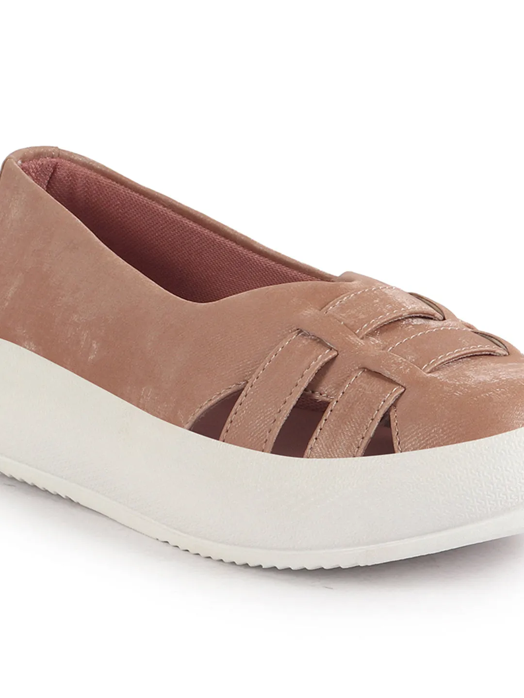 Women Peach Double Strap Velvet Height Enhancer Slip On Sneakers|Anti Skid Sole|Slip On Shoe|Office Wear